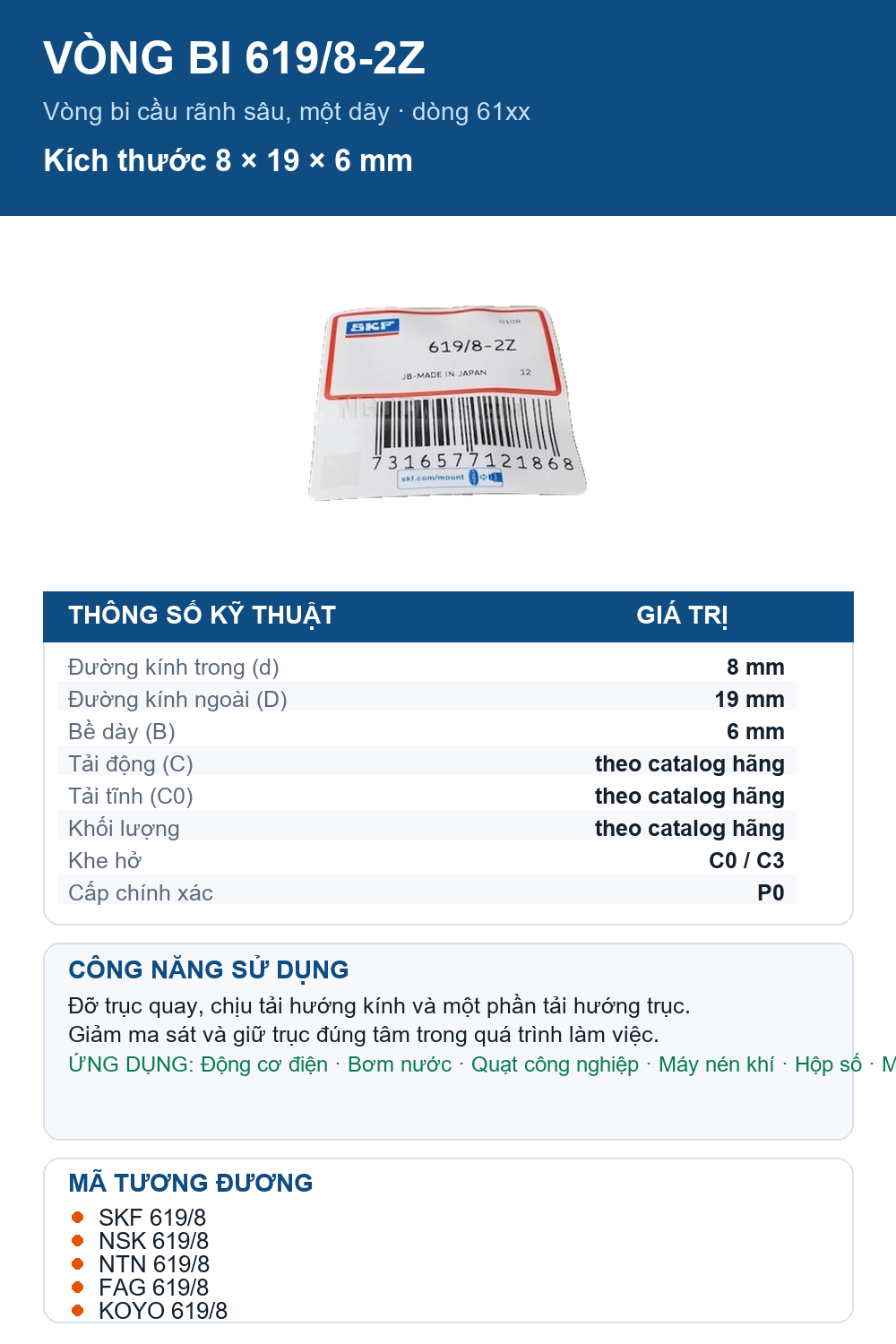 Vòng bi SKF 619/8-2Z 8x19x6mm — Ảnh thông số (Pinterest)
