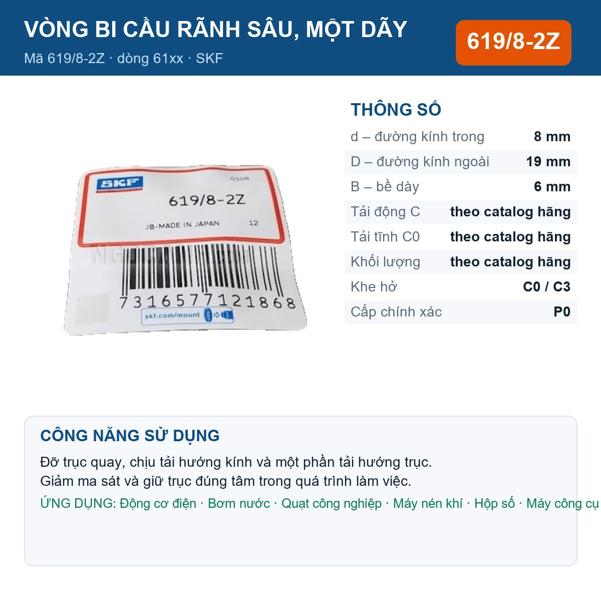 Vòng bi SKF 619/8-2Z — kích thước 8x19x6mm