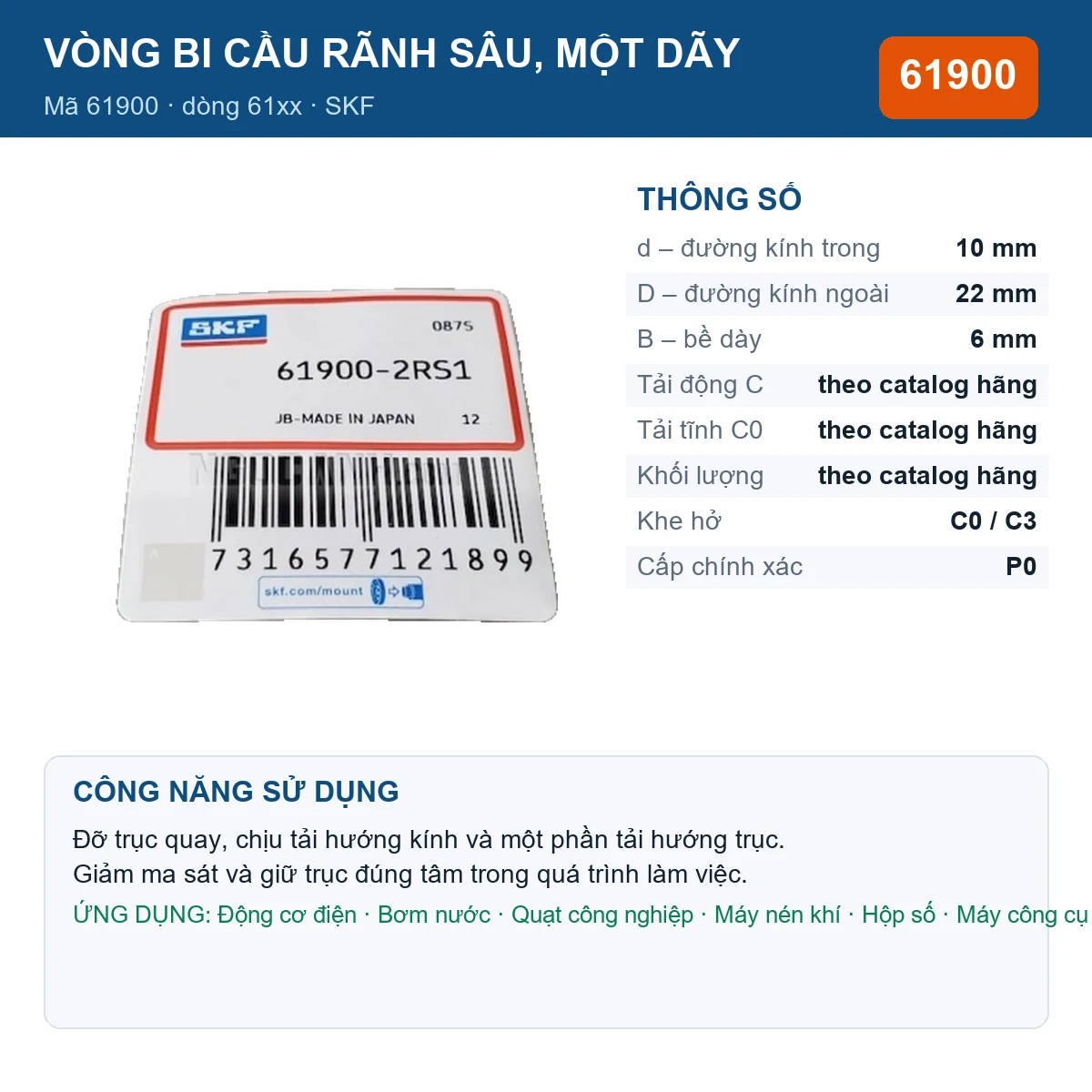 Vòng bi SKF 61900 10x22x6mm — Ảnh đăng sản phẩm (web)