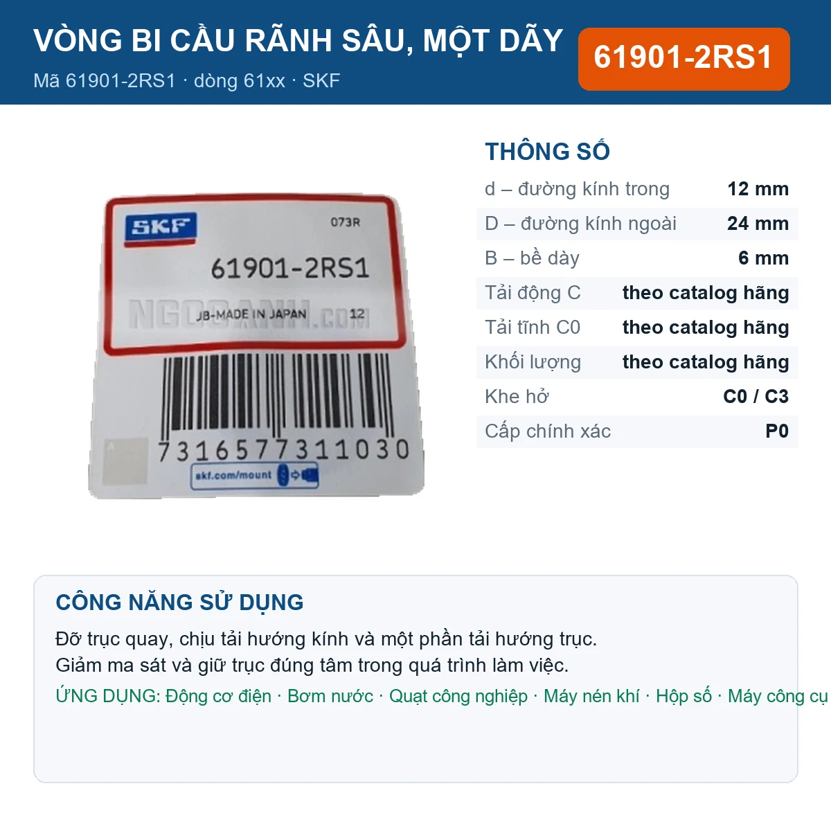 Vòng bi SKF 61901-2RS1 — kích thước 12x24x6mm