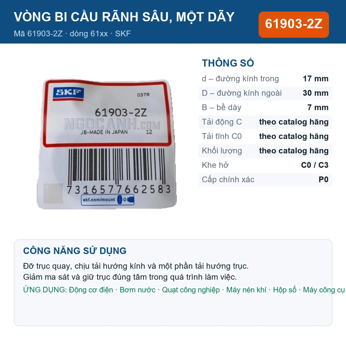 Vòng bi SKF 61903-2Z — kích thước 17x30x7mm