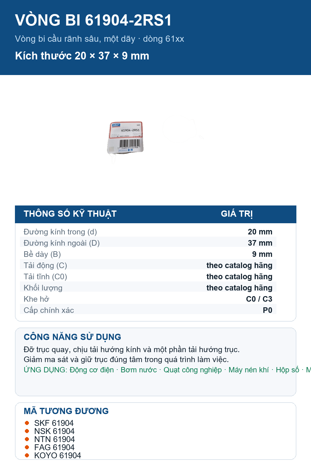 Vòng bi SKF 61904-2RS1 20x37x9mm — Ảnh thông số (Pinterest)