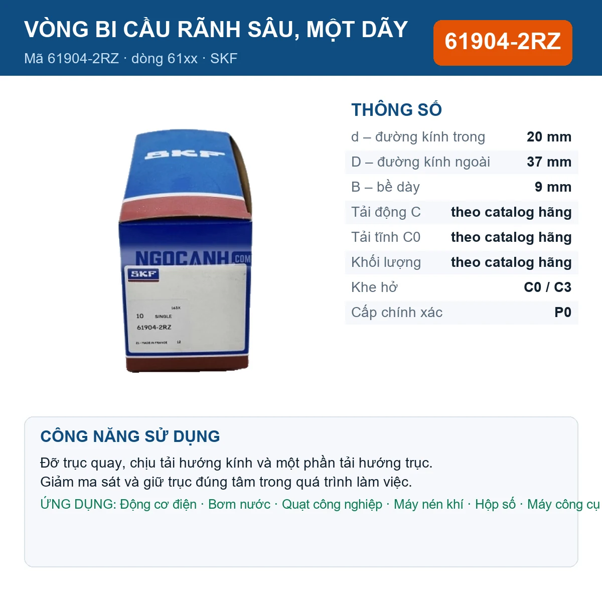 Vòng bi SKF 61904-2RZ — kích thước 20x37x9mm
