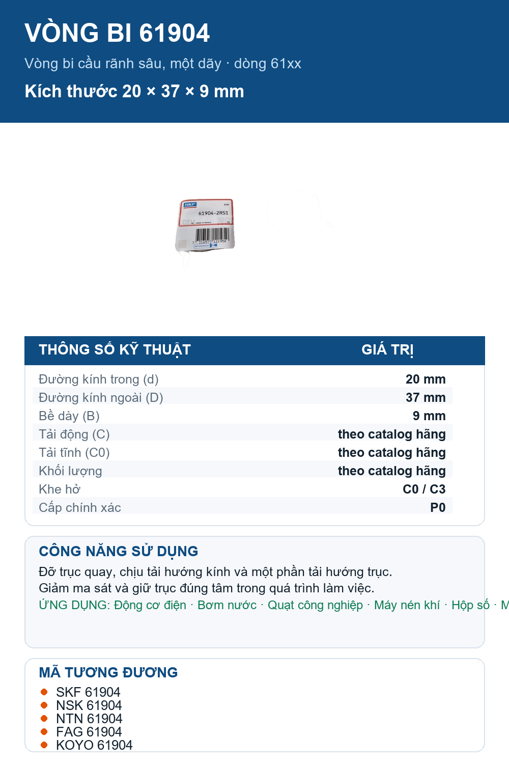 Vòng bi SKF 61904 20x37x9mm — Ảnh thông số (Pinterest)