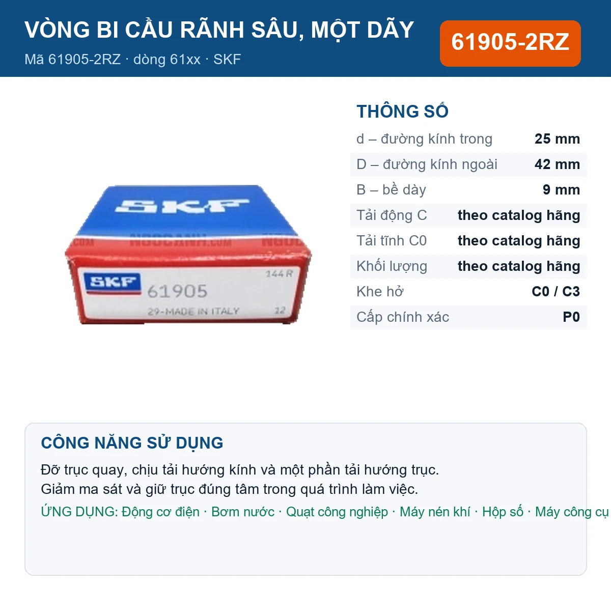 Vòng bi SKF 61905-2RZ — kích thước 25x42x9mm