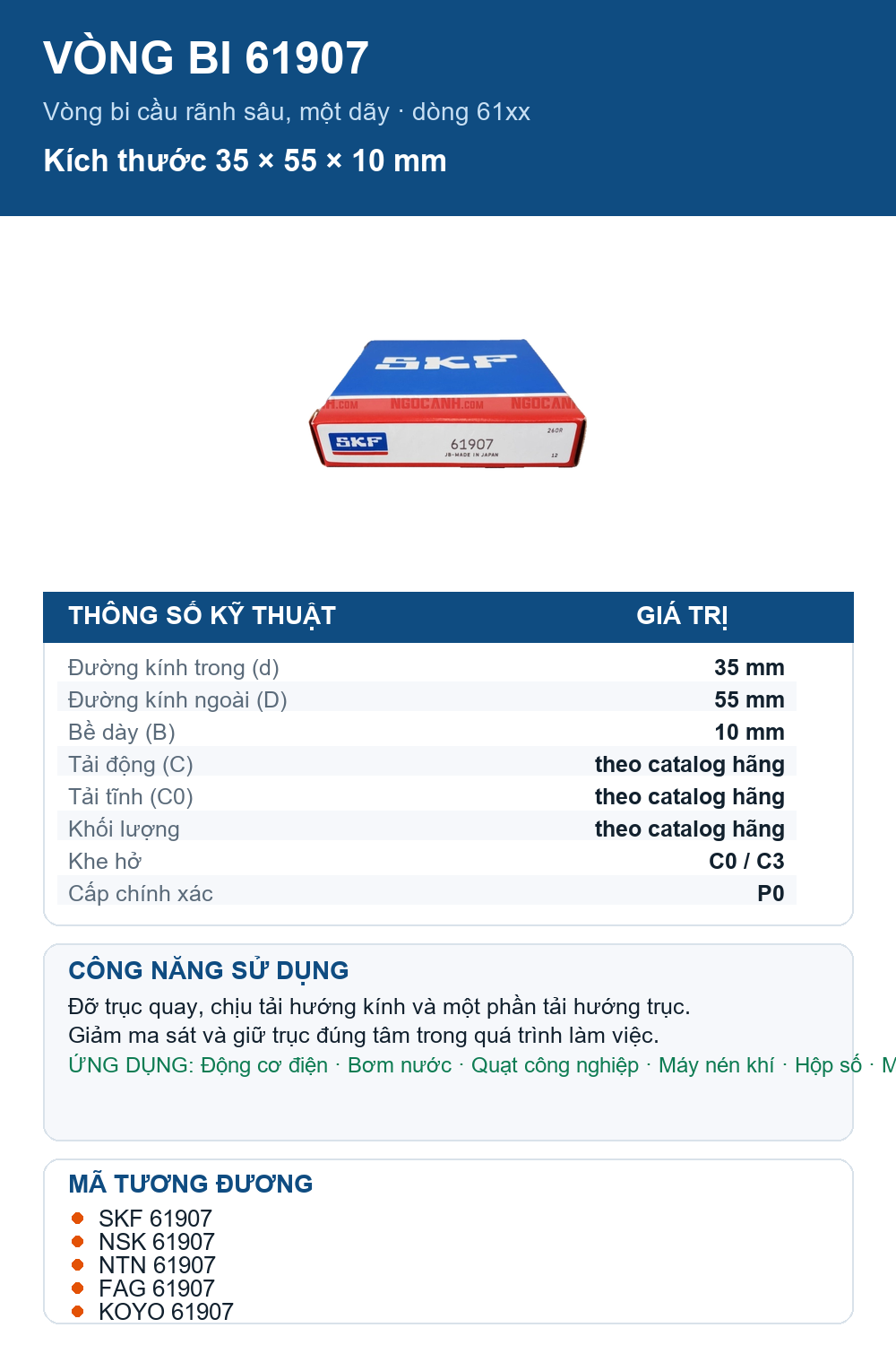 Vòng bi SKF 61907 35x55x10mm — Ảnh thông số (Pinterest)