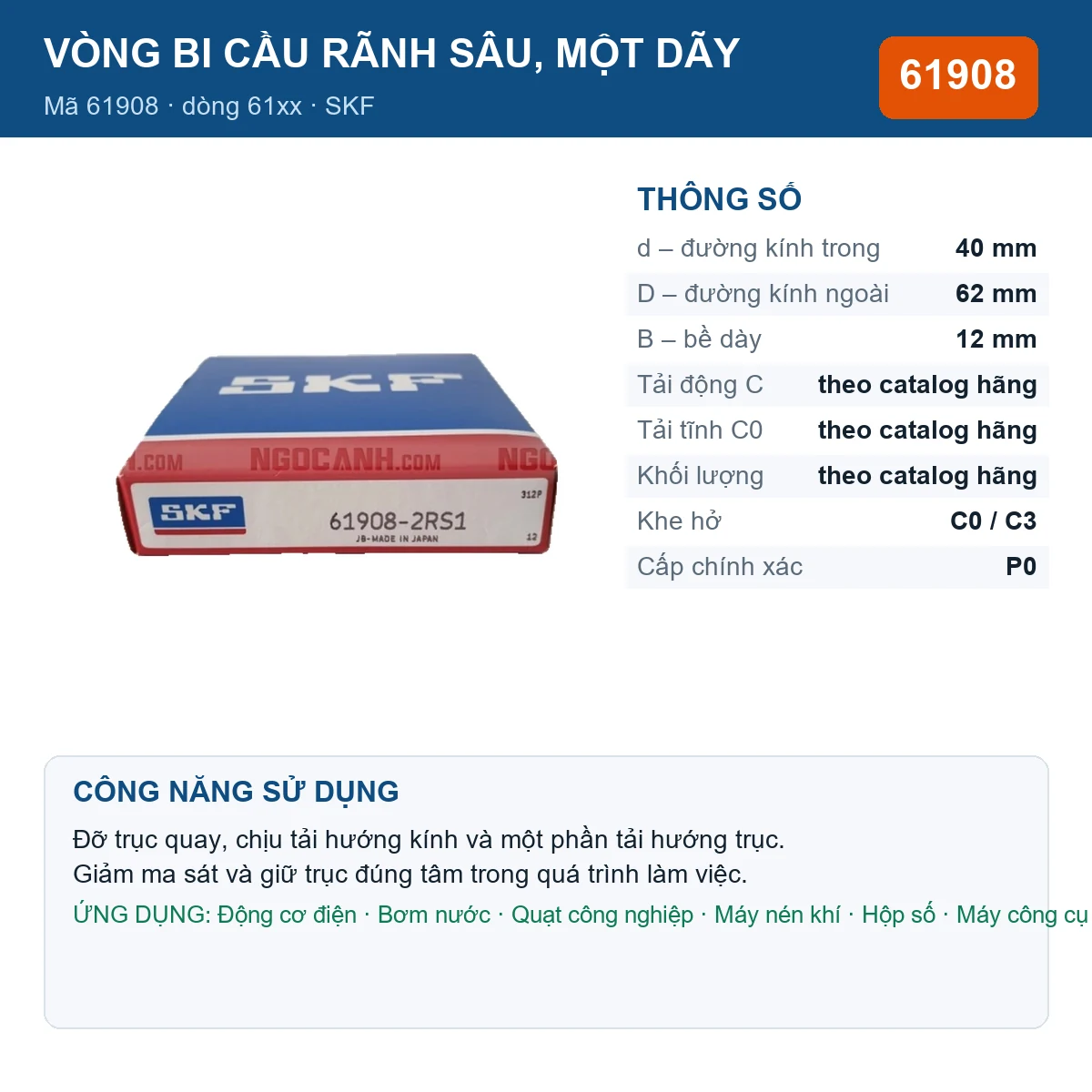 Vòng bi SKF 61908 40x62x12mm — Ảnh đăng sản phẩm (web)