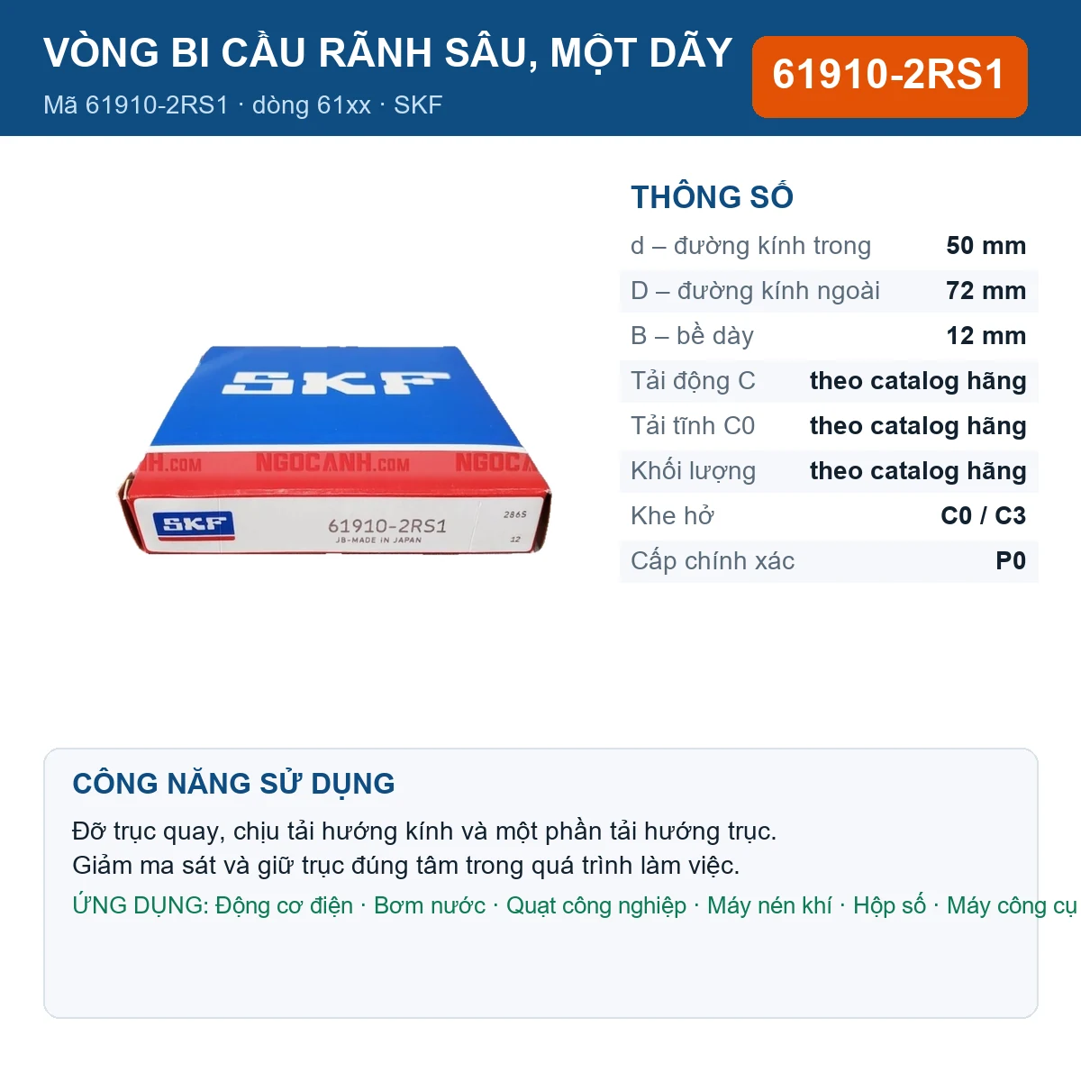 Vòng bi SKF 61910-2RS1 — kích thước 50x72x12mm