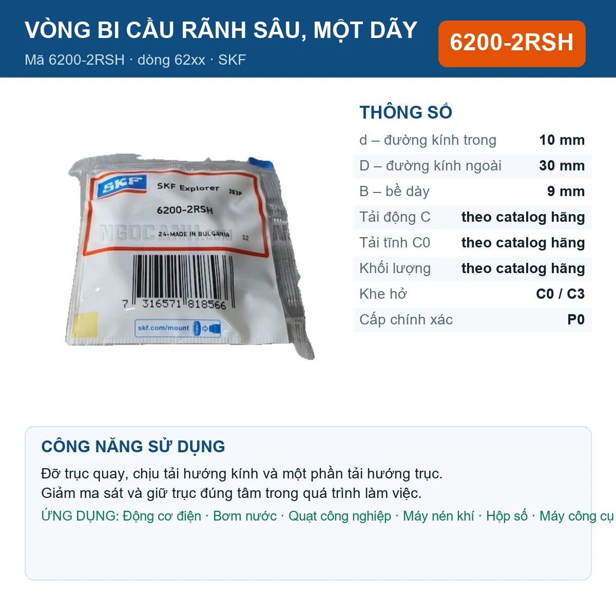 Vòng bi SKF 6200-2RSH — kích thước 10x30x9mm