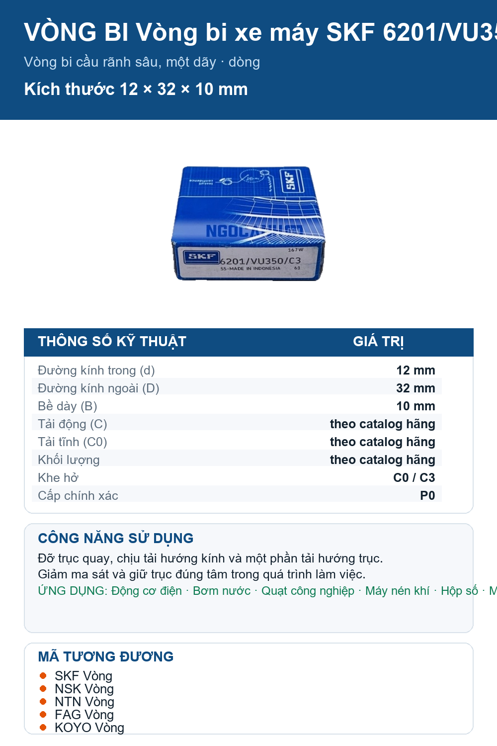 Vòng bi SKF 6201/VU350/C3 12x32x10mm — Ảnh thông số (Pinterest)