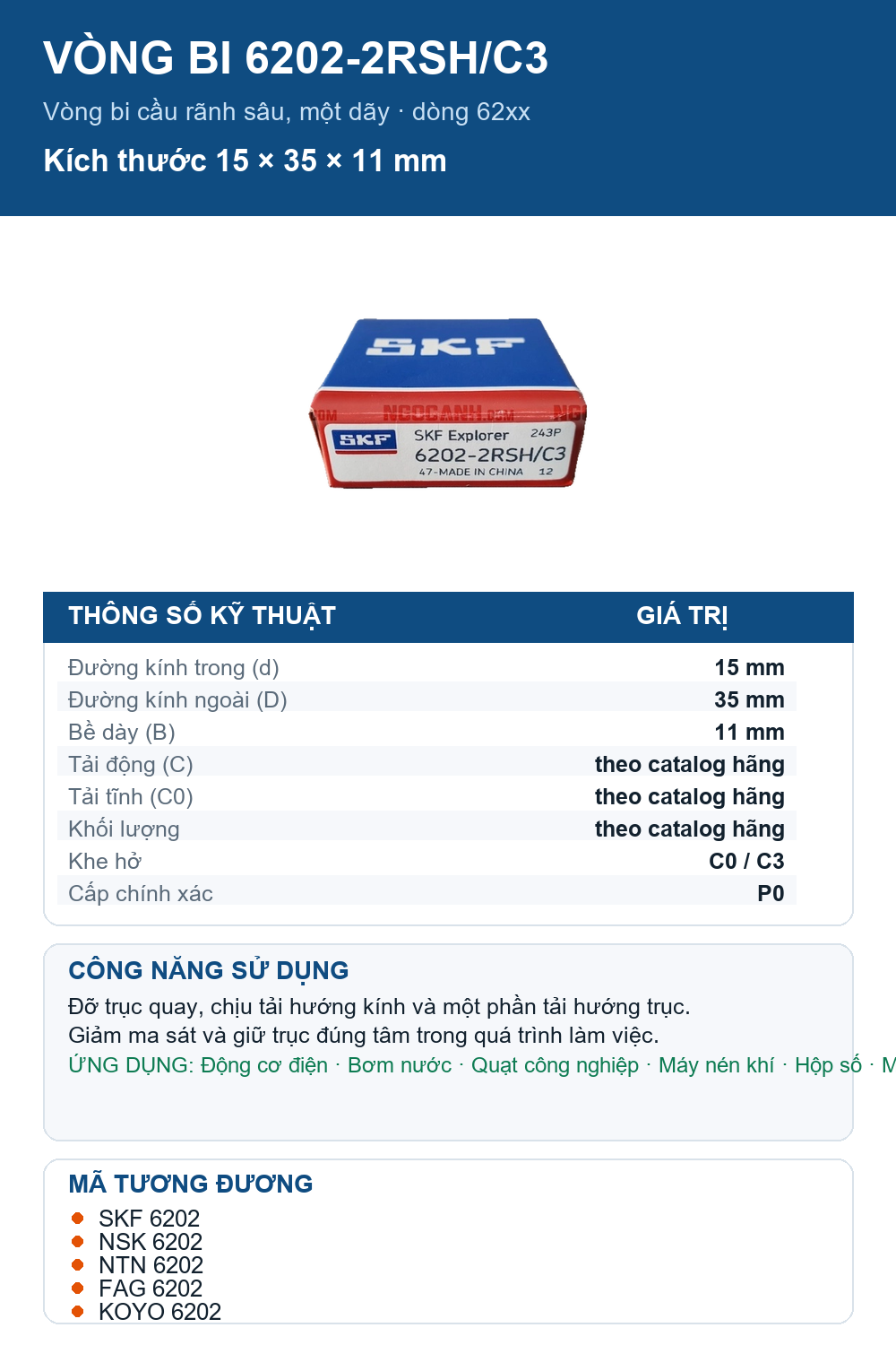 Vòng bi SKF 6202-2RSH/C3 15x35x11mm — Ảnh thông số (Pinterest)