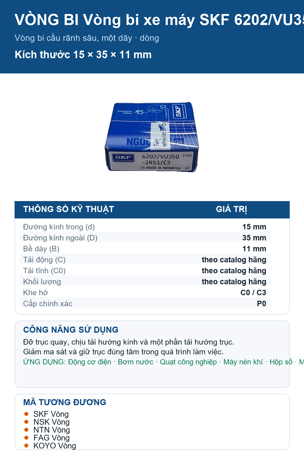Vòng bi SKF 6202/VU350-2RS1/C3 15x35x11mm — Ảnh thông số (Pinterest)