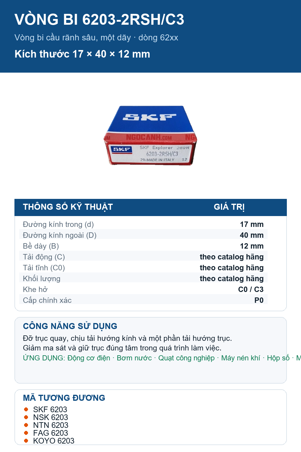 Vòng bi SKF 6203-2RSH/C3 17x40x12mm — Ảnh thông số (Pinterest)
