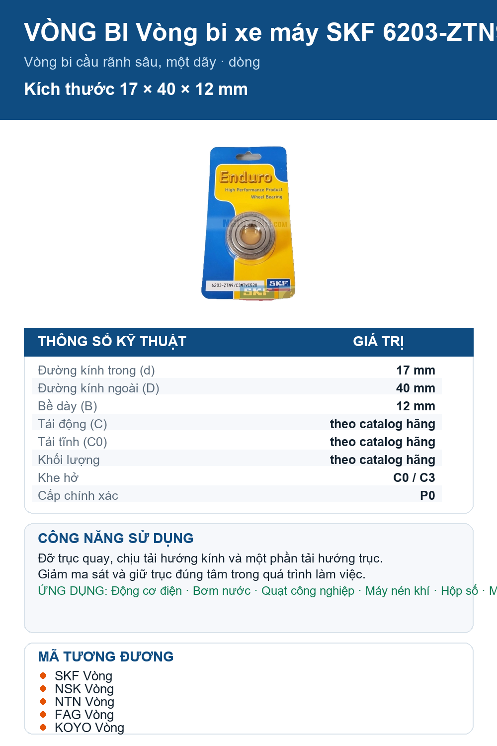 Vòng bi SKF 6203-ZTN9/C3MTVC528 17x40x12mm — Ảnh thông số (Pinterest)
