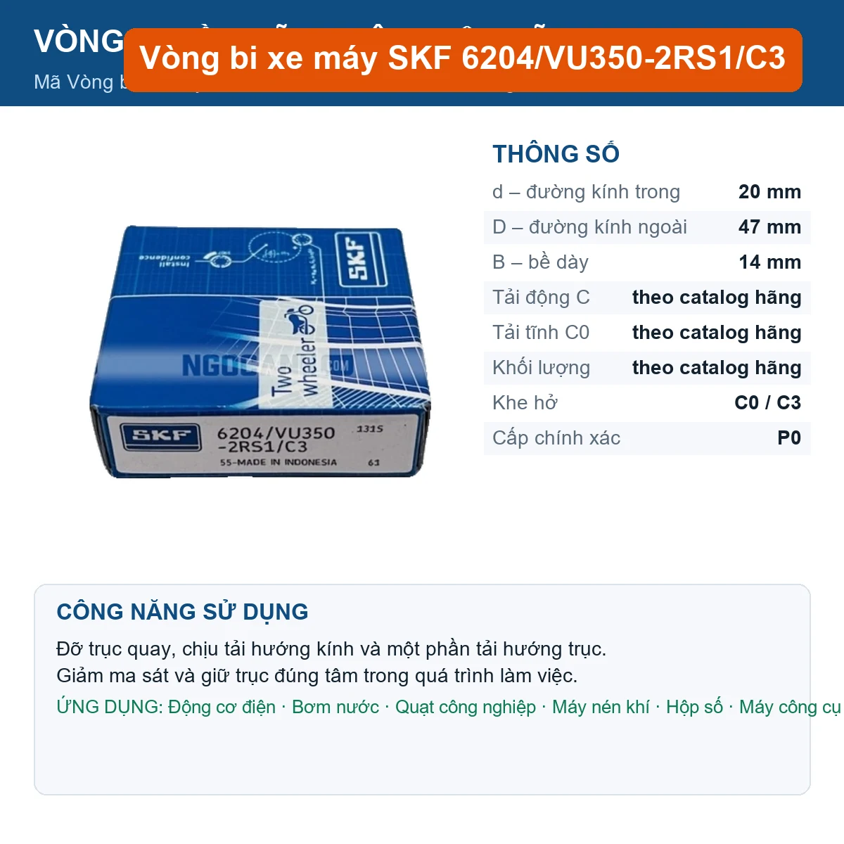 Vòng bi SKF 6204/VU350-2RS1/C3 20x47x14mm — Ảnh đăng sản phẩm (web)