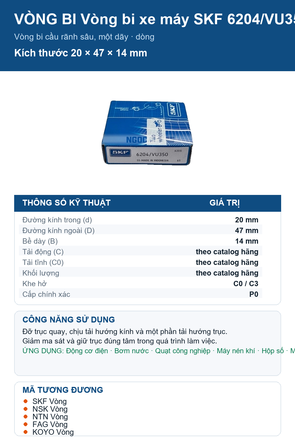 Vòng bi SKF 6204/VU350 20x47x14mm — Ảnh thông số (Pinterest)
