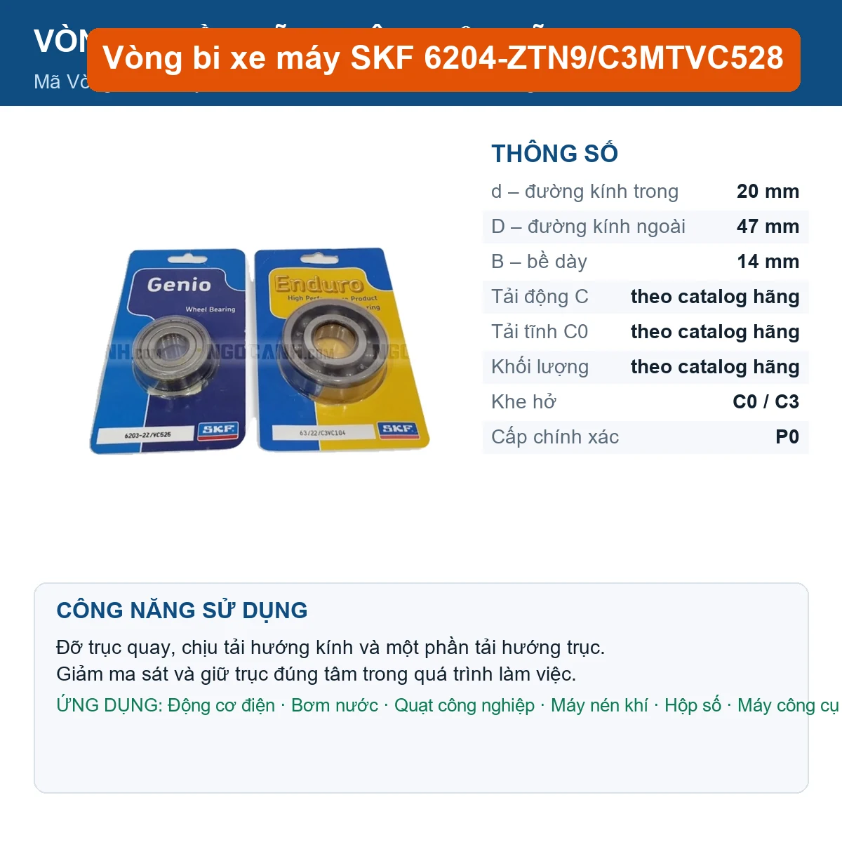 Vòng bi SKF 6204-ZTN9/C3MTVC528 20x47x14mm — Ảnh đăng sản phẩm (web)