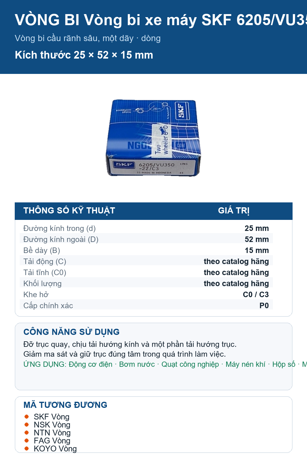 Vòng bi SKF 6205/VU350-2Z/C3 25x52x15mm — Ảnh thông số (Pinterest)
