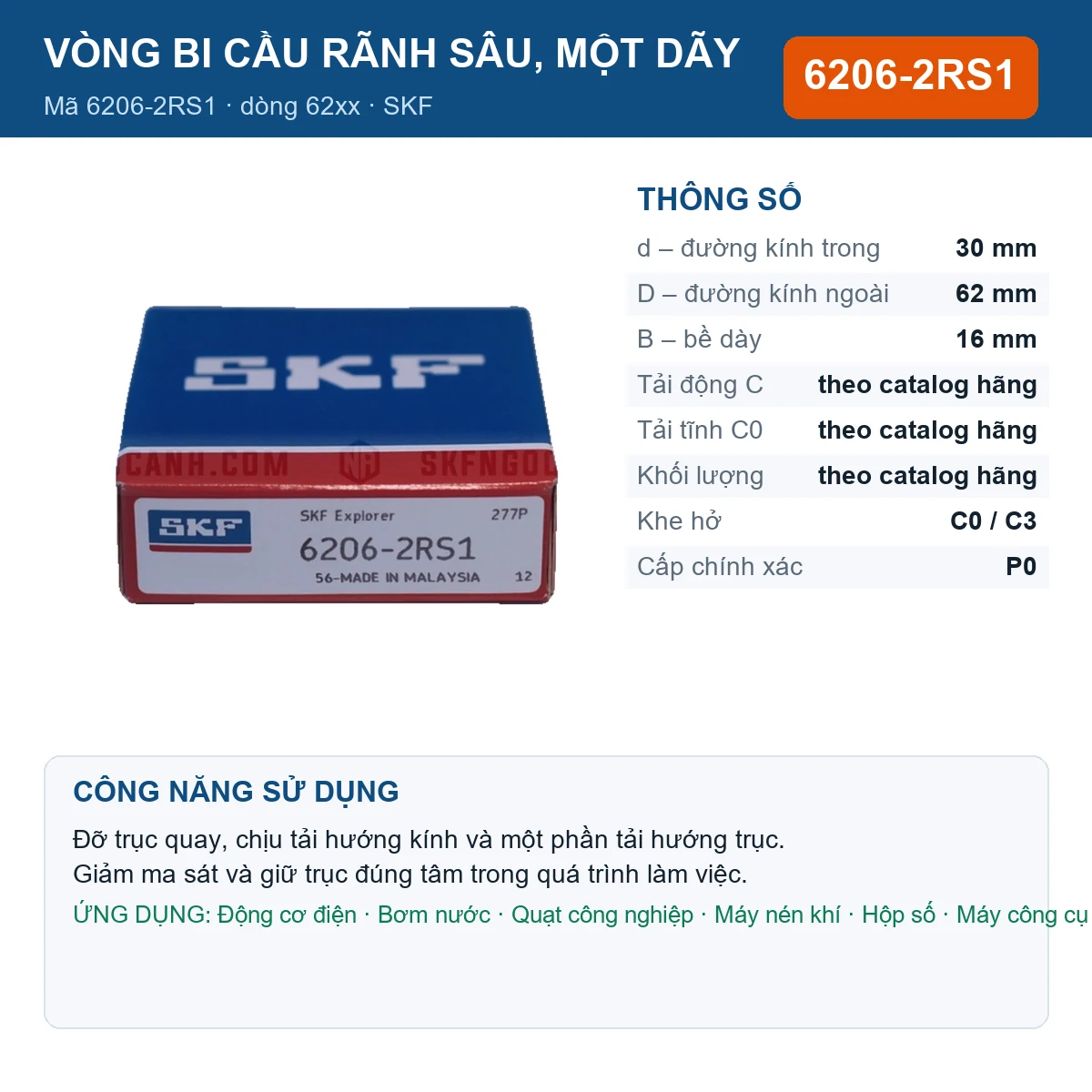 Vòng bi SKF 6206-2RS1 — kích thước 30x62x16mm
