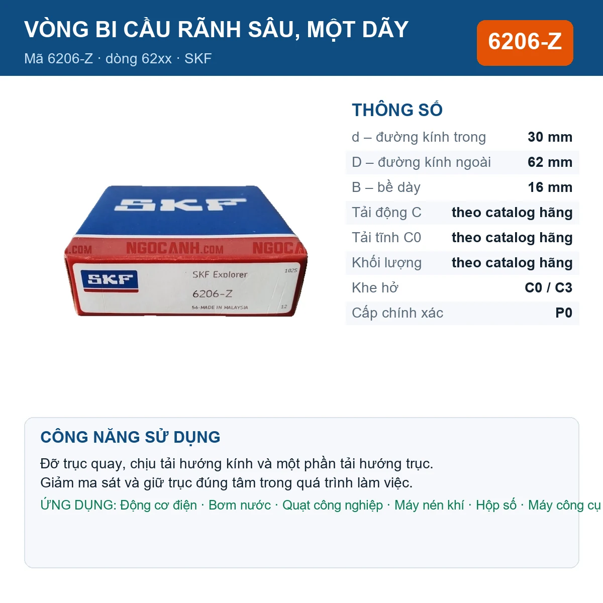 Vòng bi SKF 6206-Z — kích thước 30x62x16mm