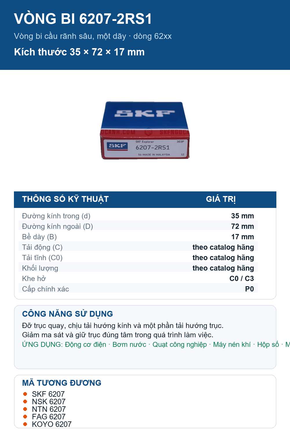 Vòng bi SKF 6207-2RS1 35x72x17mm — Ảnh thông số (Pinterest)