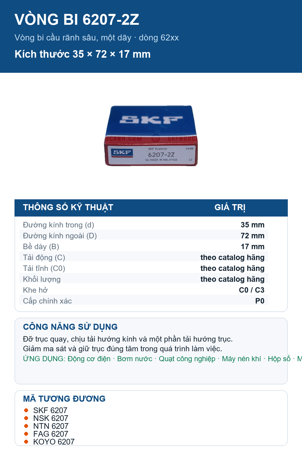Vòng bi SKF 6207-2Z 35x72x17mm — Ảnh thông số (Pinterest)