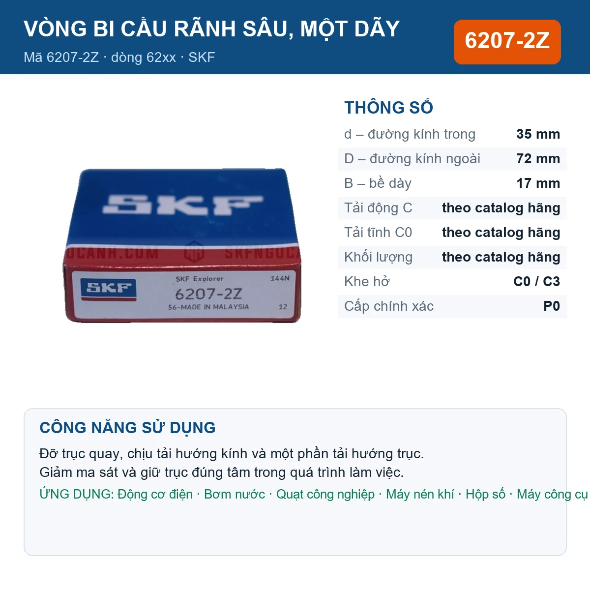 Vòng bi SKF 6207-2Z — kích thước 35x72x17mm