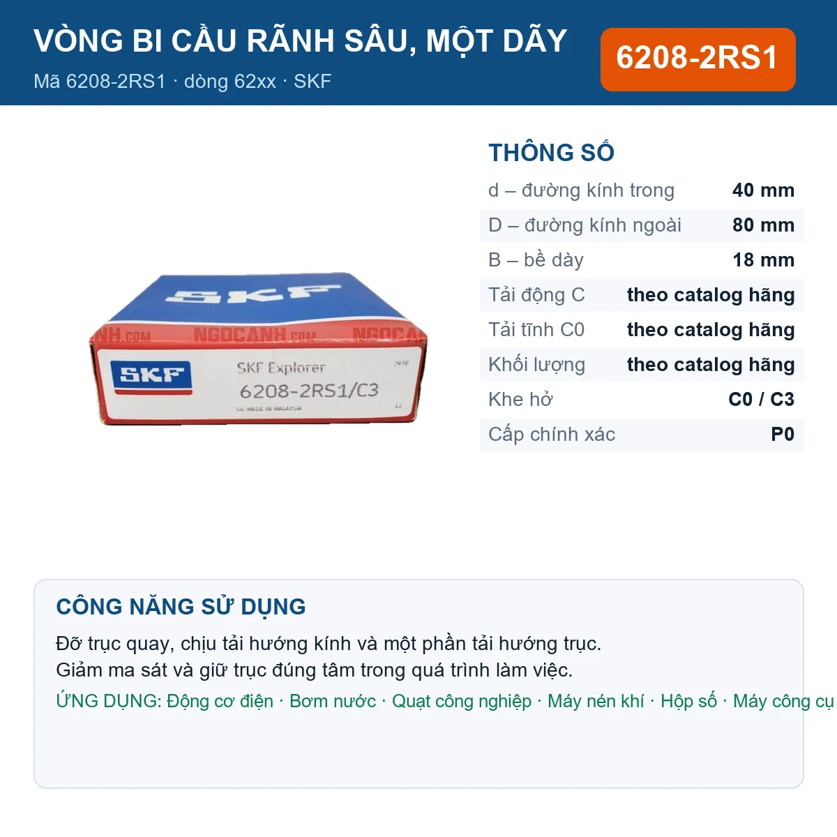 Vòng bi SKF 6208-2RS1 — kích thước 40x80x18mm