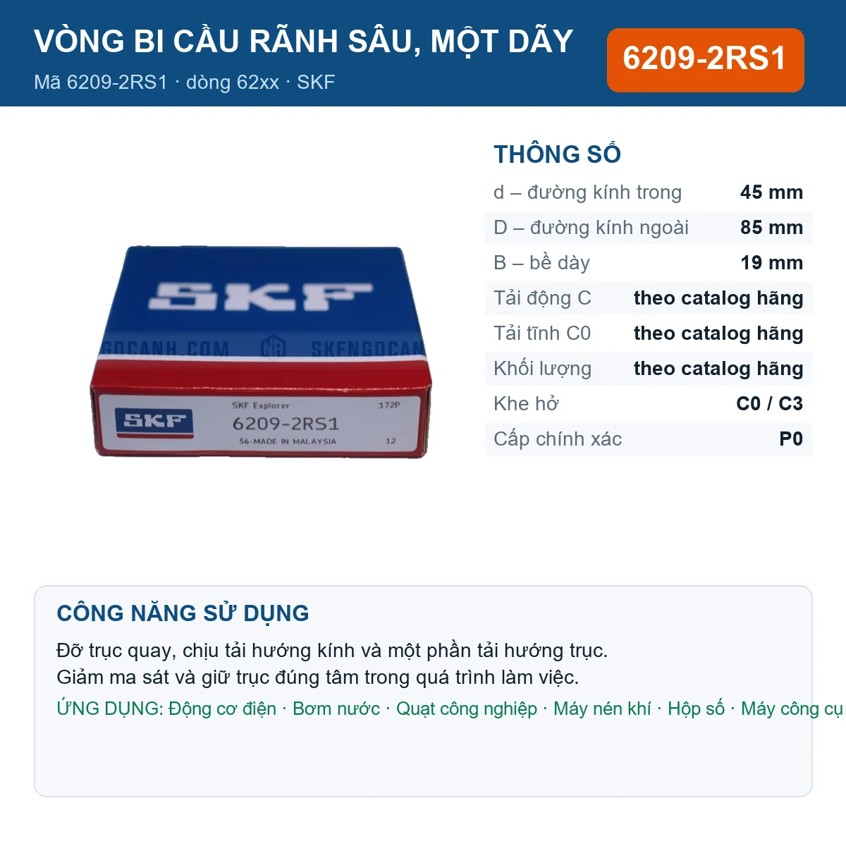 Vòng bi SKF 6209-2RS1 — kích thước 45x85x19mm