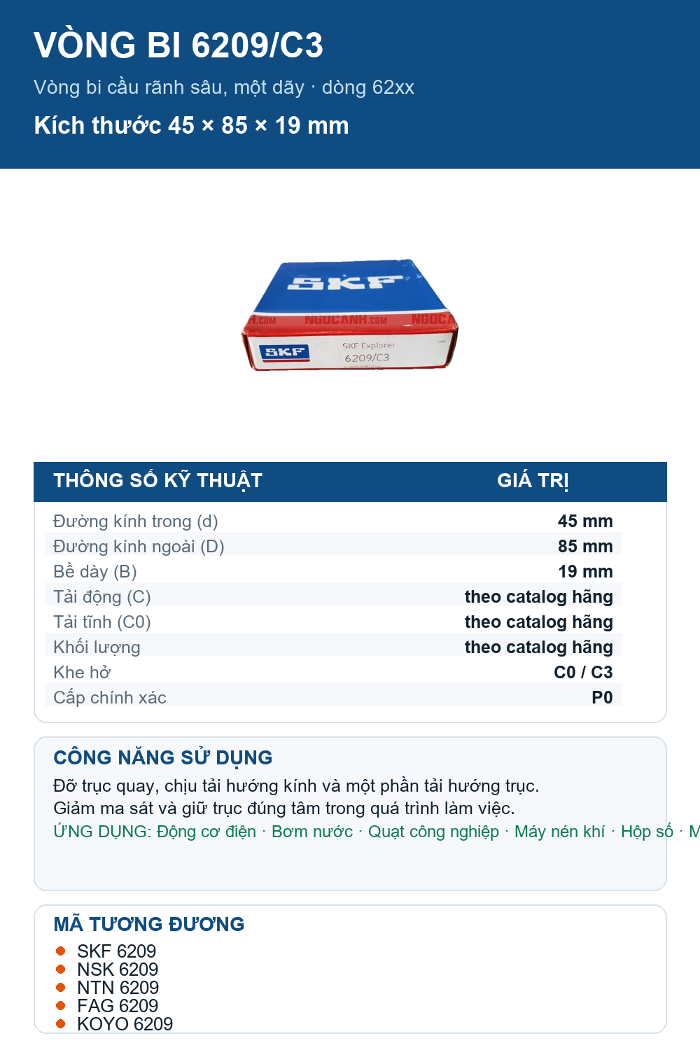 Vòng bi SKF 6209/C3 45x85x19mm — Ảnh thông số (Pinterest)