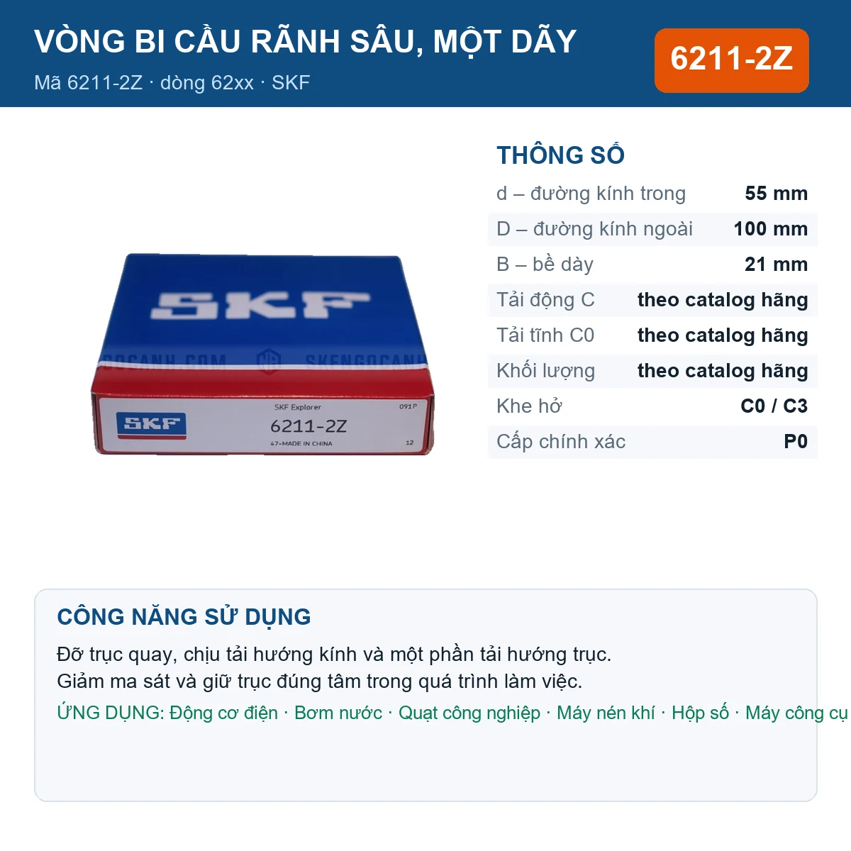 Vòng bi SKF 6211-2Z — kích thước 55x100x21mm