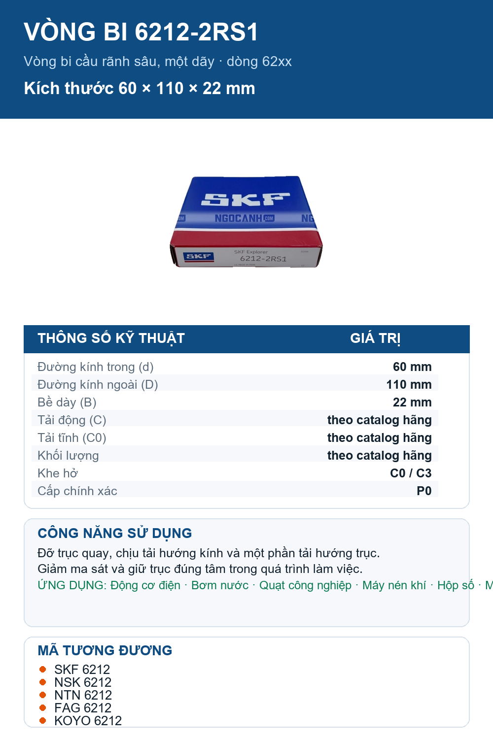Vòng bi SKF 6212-2RS1 60x110x22mm — Ảnh thông số (Pinterest)
