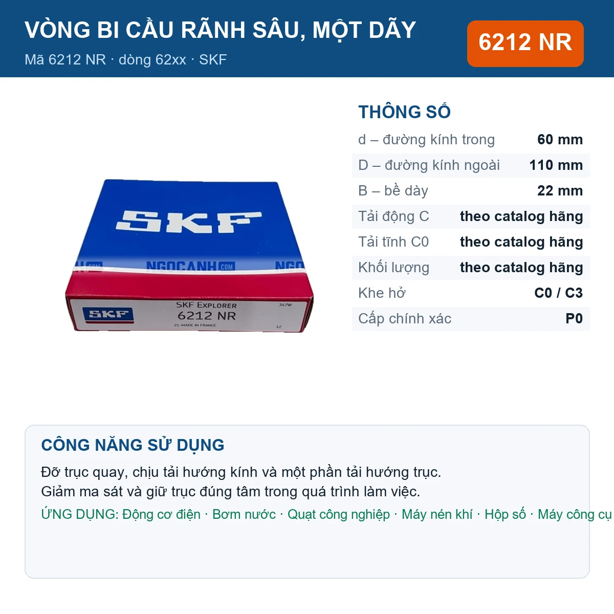Vòng bi SKF 6212 NR — kích thước 60x110x22mm