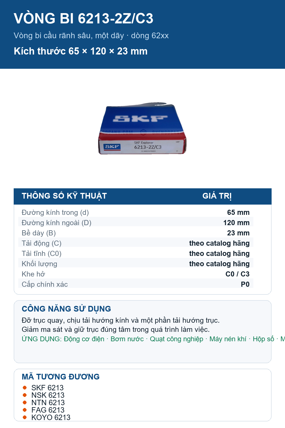 Vòng bi SKF 6213-2Z/C3 65x120x23mm — Ảnh thông số (Pinterest)