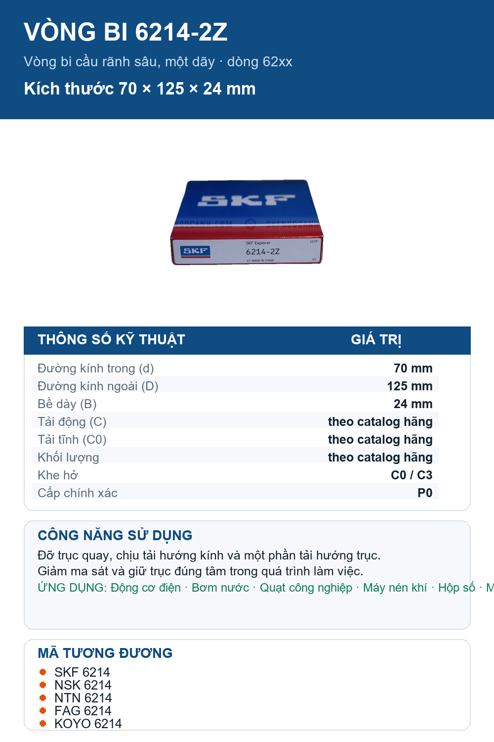 Vòng bi SKF 6214-2Z 70x125x24mm — Ảnh thông số (Pinterest)