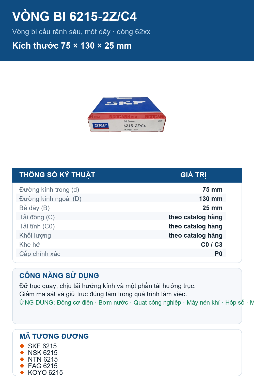 Vòng bi SKF 6215-2Z/C4 75x130x25mm — Ảnh thông số (Pinterest)