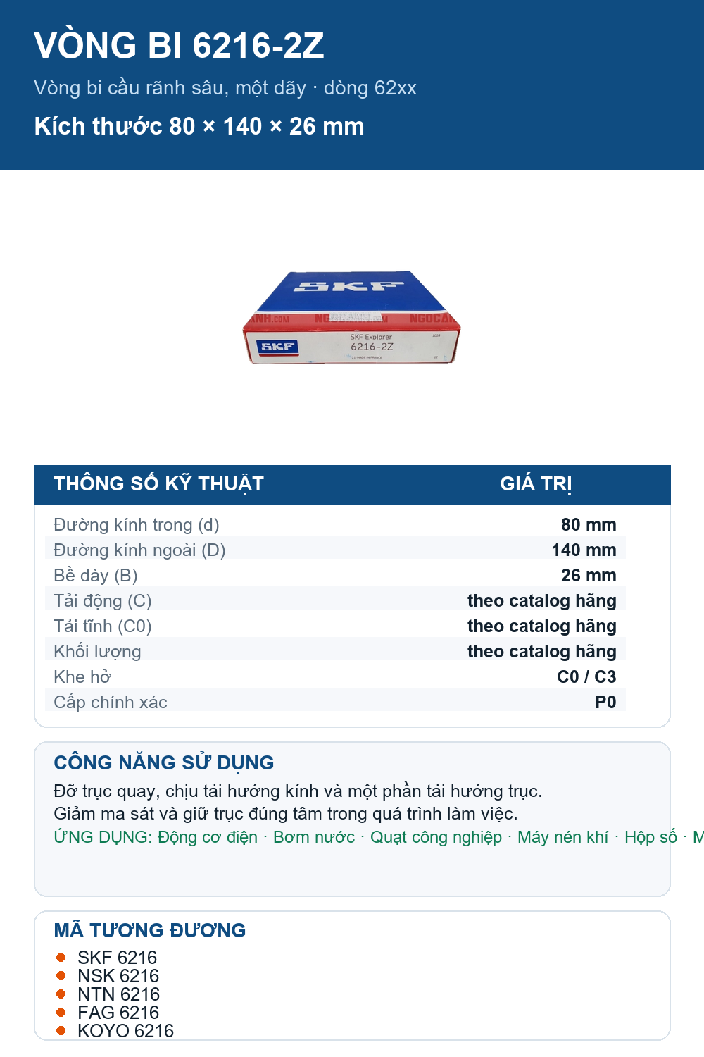 Vòng bi SKF 6216-2Z 80x140x26mm — Ảnh thông số (Pinterest)