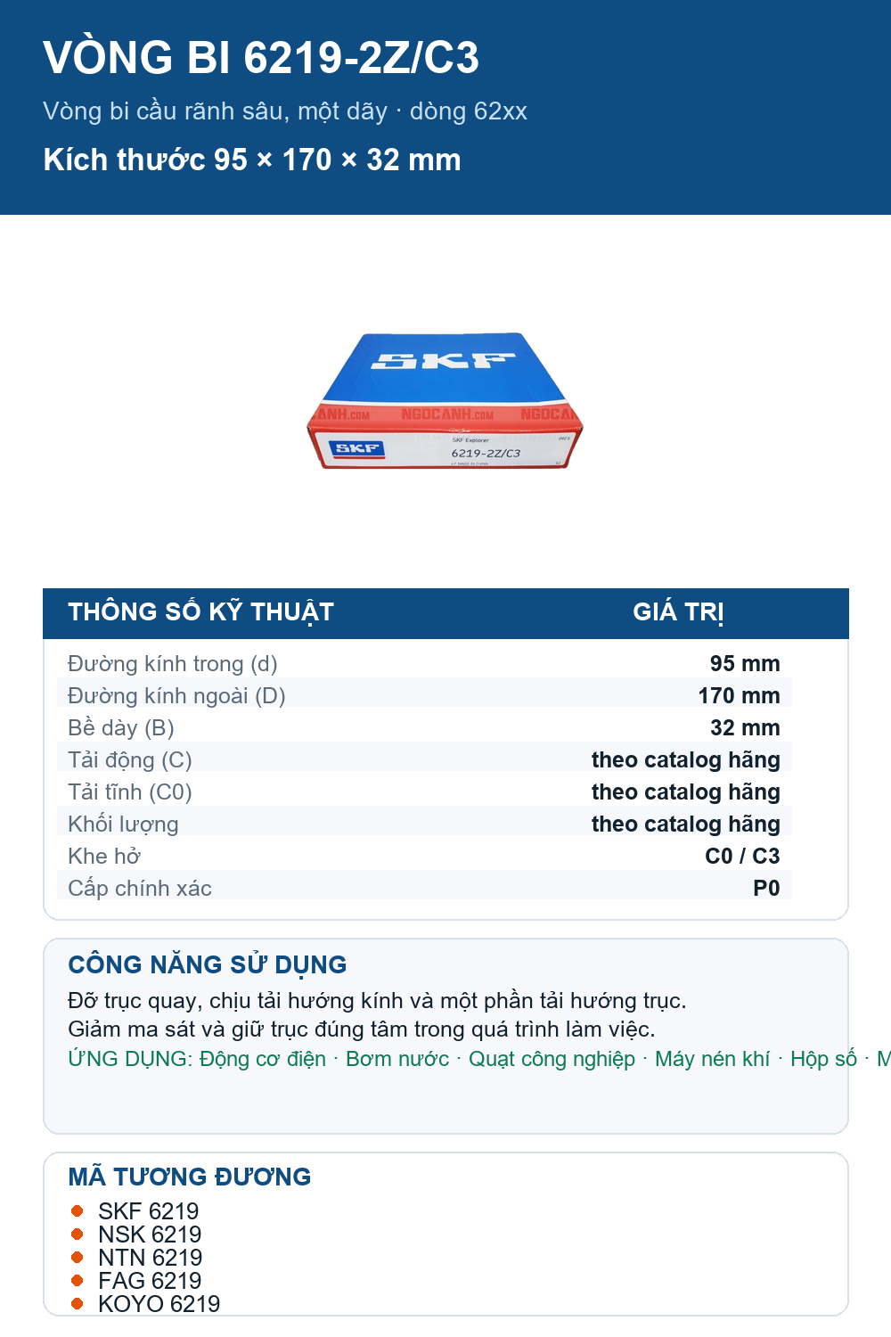 Vòng bi SKF 6219-2Z/C3 95x170x32mm — Ảnh thông số (Pinterest)