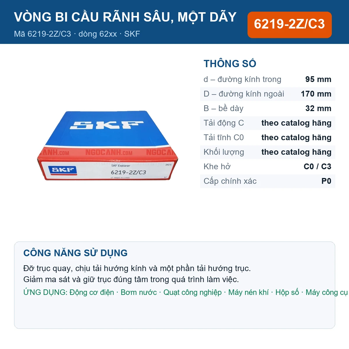 Vòng bi SKF 6219-2Z/C3 95x170x32mm — Ảnh đăng sản phẩm (web)