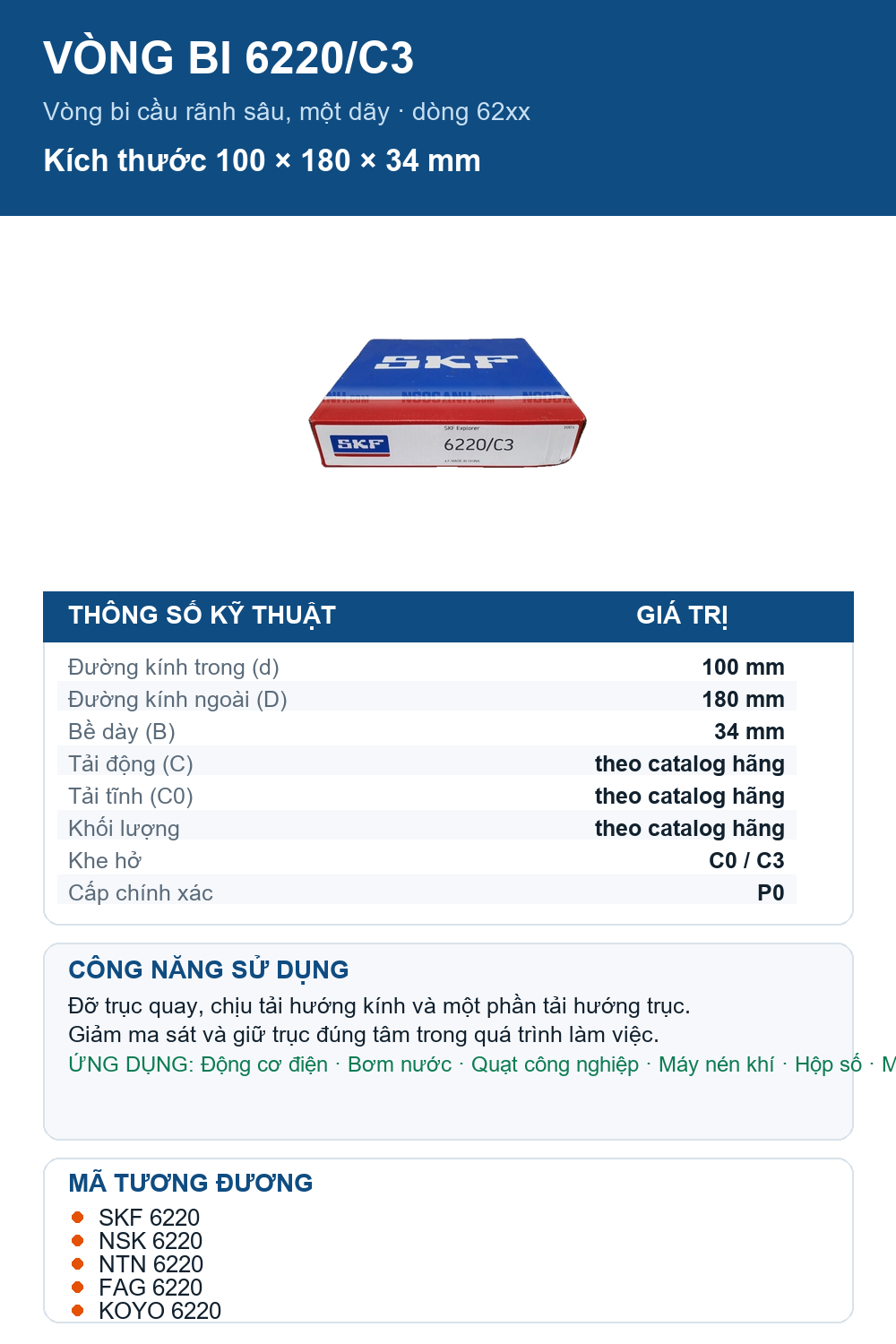 Vòng bi SKF 6220/C3 100x180x34mm — Ảnh thông số (Pinterest)