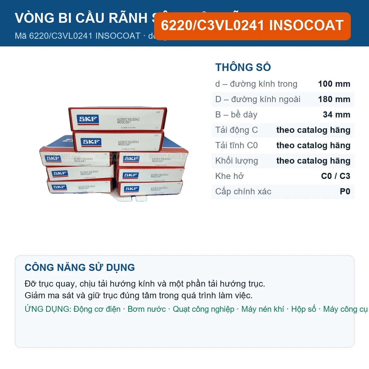 Vòng bi SKF 6220/C3VL0241 INSOCOAT 100x180x34mm — Ảnh đăng sản phẩm (web)