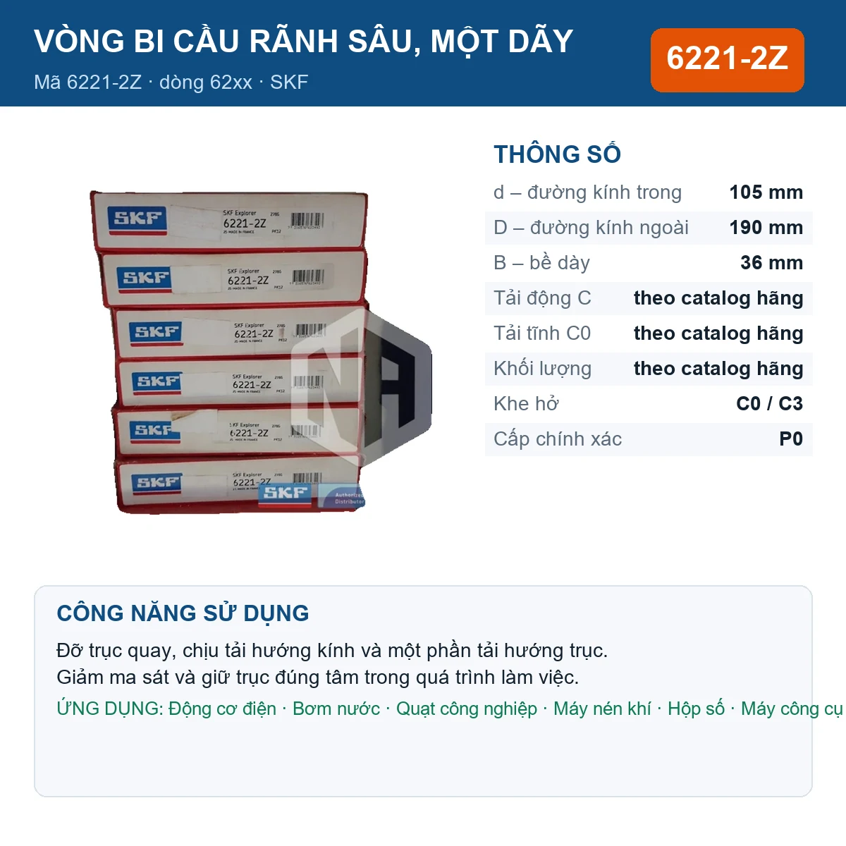 Vòng bi SKF 6221-2Z 105x190x36mm — Ảnh đăng sản phẩm (web)