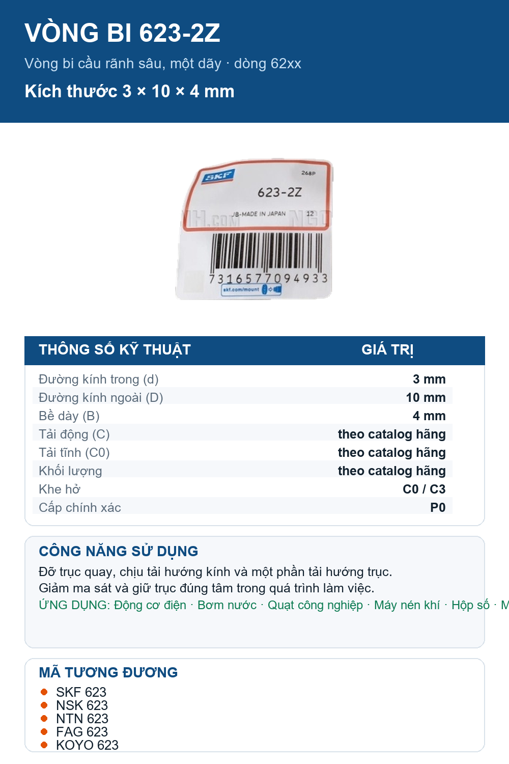 Vòng bi SKF 623-2Z 3x10x4mm — Ảnh thông số (Pinterest)