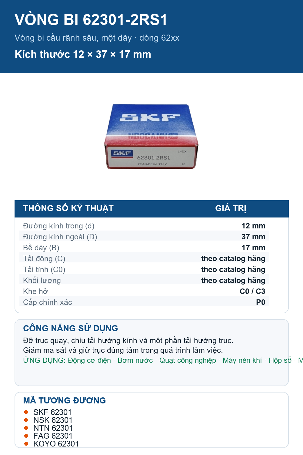 Vòng bi SKF 62301-2RS1 12x37x17mm — Ảnh thông số (Pinterest)