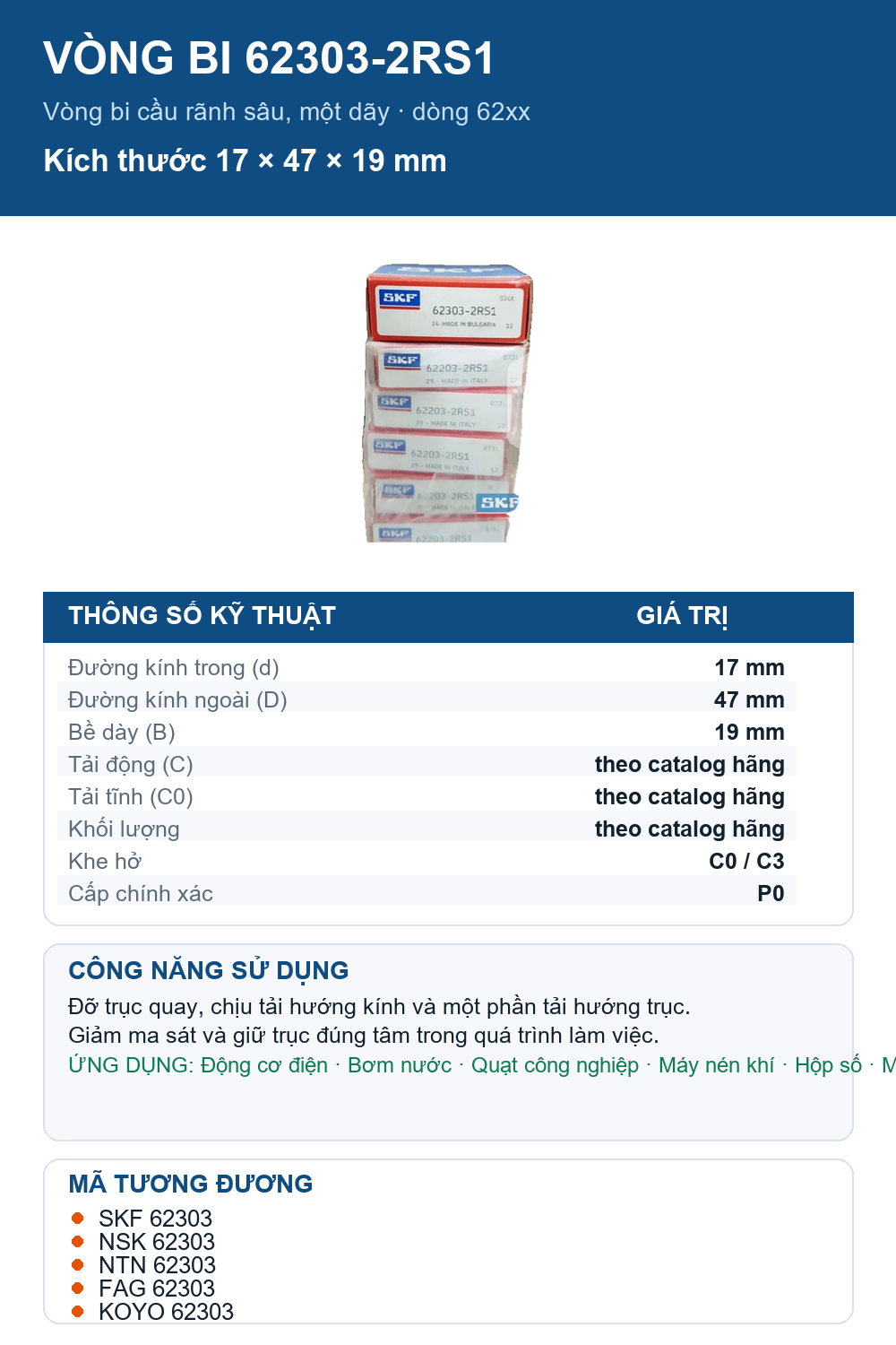 Vòng bi SKF 62303-2RS1 17x47x19mm — Ảnh thông số (Pinterest)