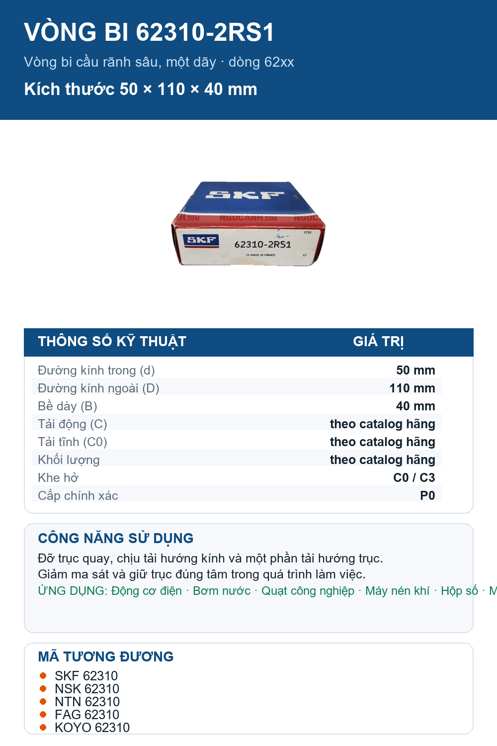 Vòng bi SKF 62310-2RS1 50x110x40mm — Ảnh thông số (Pinterest)