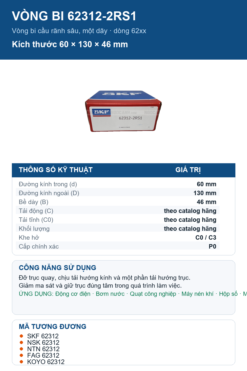 Vòng bi SKF 62312-2RS1 60x130x46mm — Ảnh thông số (Pinterest)