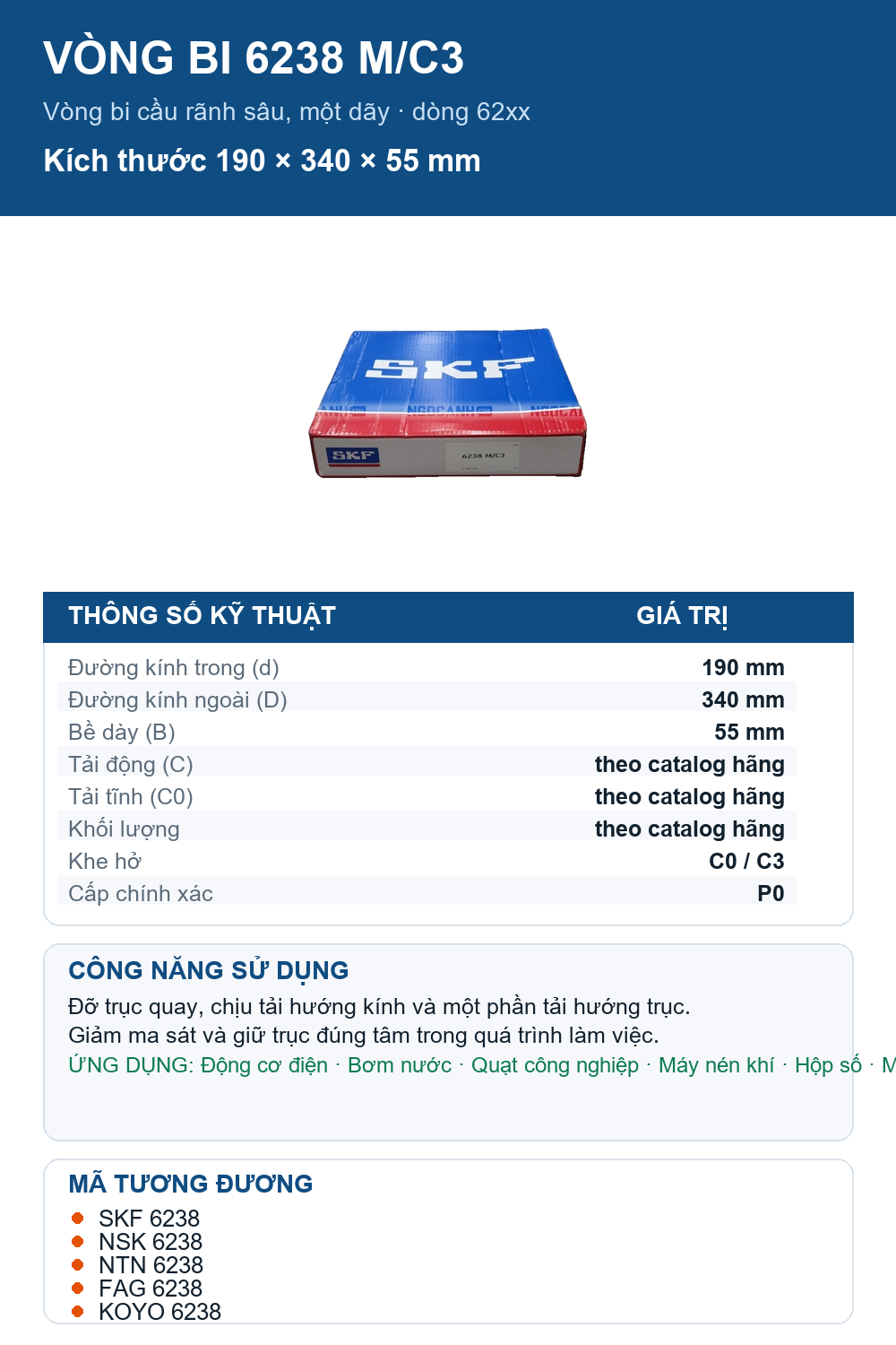 Vòng bi SKF 6238 M/C3 190x340x55mm — Ảnh thông số (Pinterest)