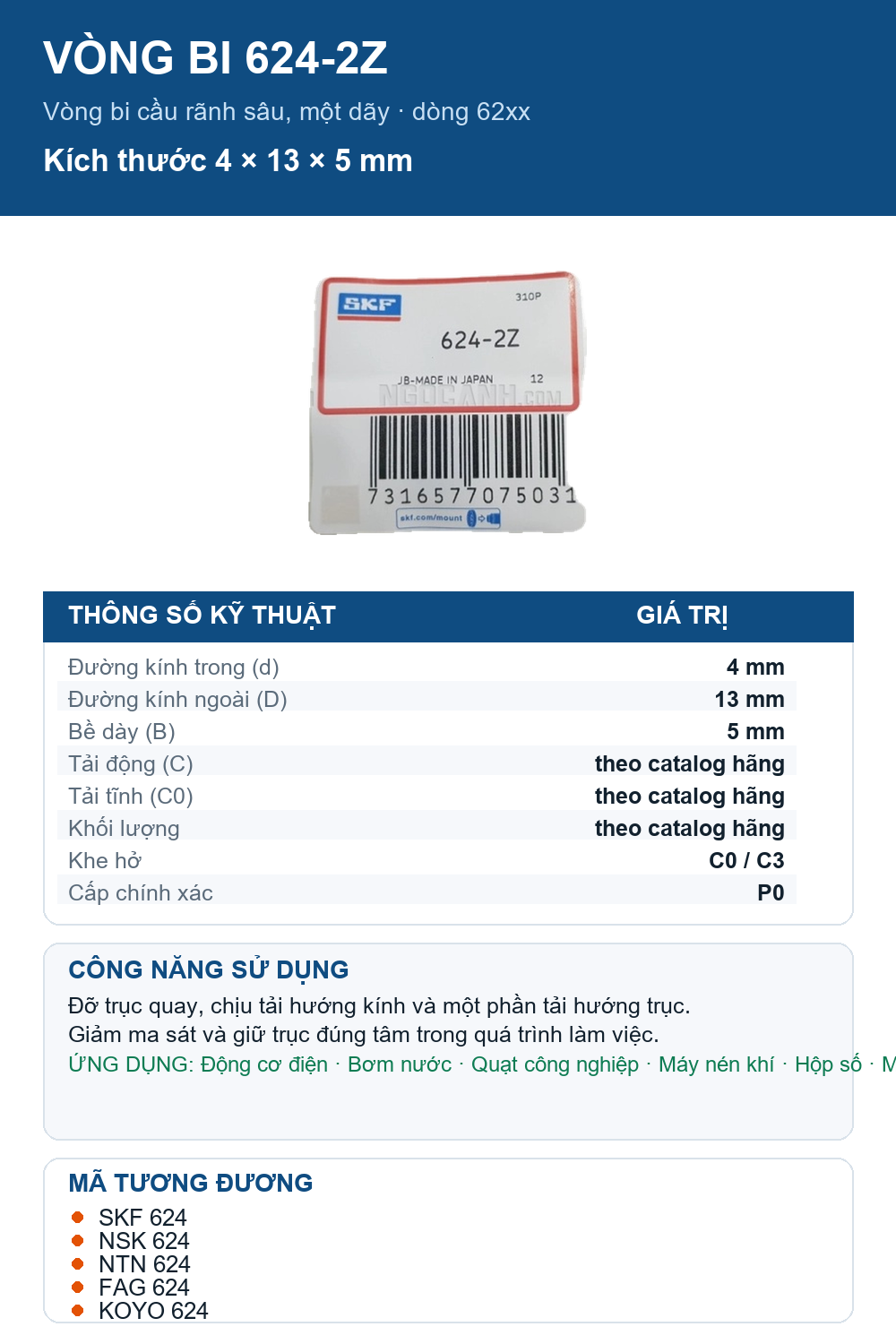 Vòng bi SKF 624-2Z 4x13x5mm — Ảnh thông số (Pinterest)