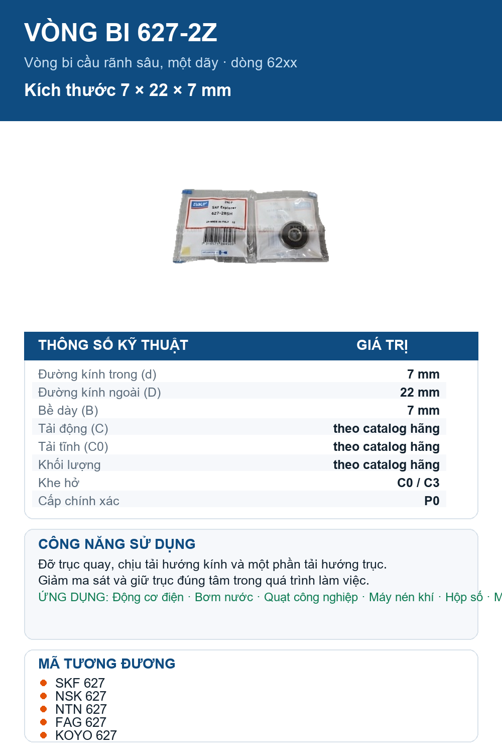 Vòng bi SKF 627-2Z 7x22x7mm — Ảnh thông số (Pinterest)